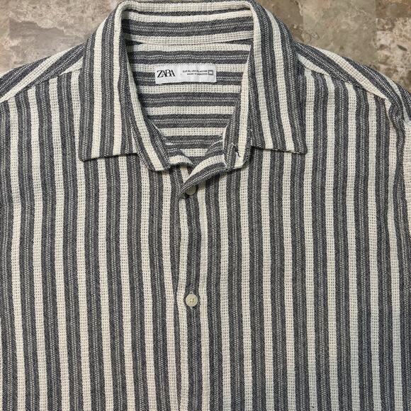 Zara Shirt Mens XL Black White Short Sleeve Camp Johnny Collar Knit Beach - Picture 1 of 8